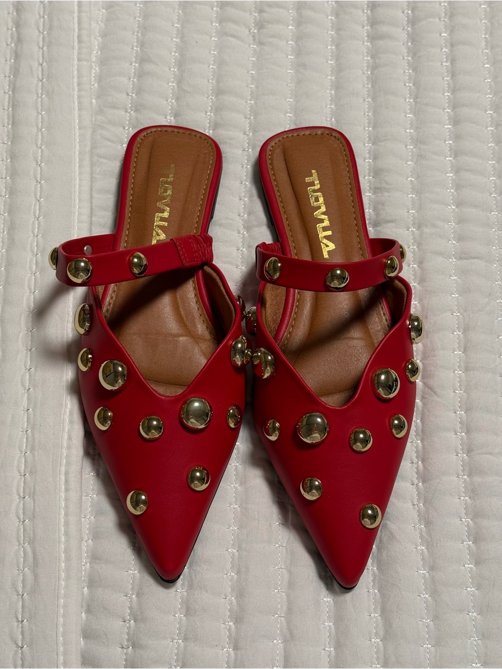 Red Studded Pointed-Toe Mules